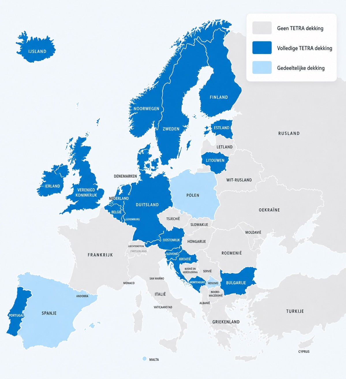 Kaart van Europa met de landen waar Target Blu Eye hulpdiensten detecteert