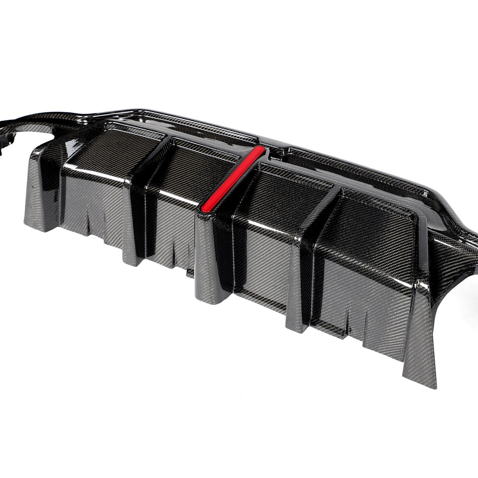 Carbon Diffuser met hoge vinnen en rode accentlijn voor BMW 3 Serie / M3 G20, G28 M-Sport LCI
